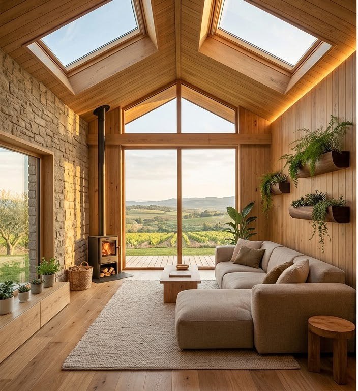 Salón con luz natural, madera y vegetación integrada