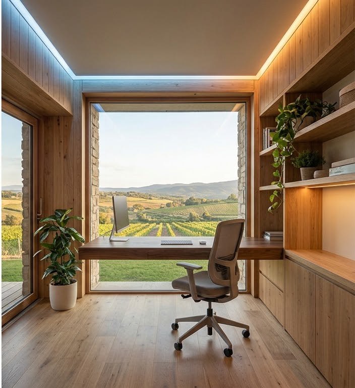 Espacio de trabajo con luz natural, madera y vistas al exterior